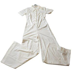 Suzie Kondi Womens Small Ponte Jumpsuit Ivory Velour Flare One Piece Button Wide